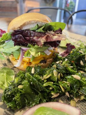 Vibe Burger on a gluten free bun with vegan cheese. Yum!!  at Vibe Gastropub in Fayetteville