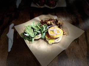 Burger and fries   at Vibe Gastropub in Fayetteville