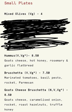 Menu as of March 2025 at Orto in Belfast