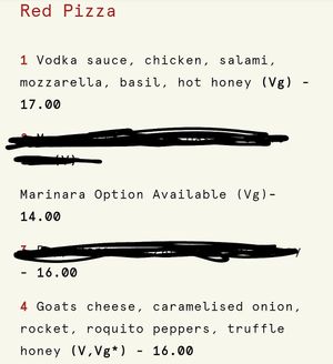 Menu as of March 2025 at Orto in Belfast