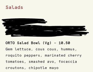 Menu as of March 2025 at Orto in Belfast