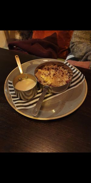 Apple and damson crumble with vegan custard (September 2022) at The Fox in Ilkley