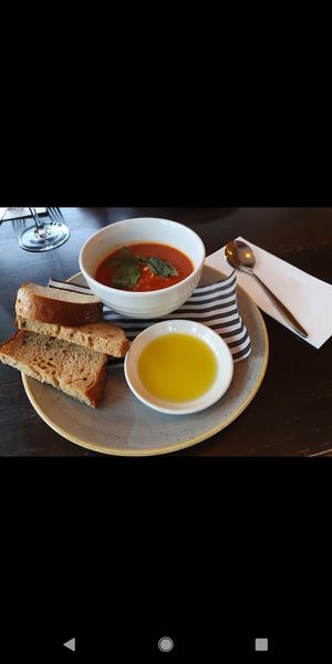 Tomato and basil soup with ciabatta and dipping oil (September 2022) at The Fox in Ilkley