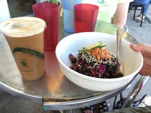 kale salad and coffee with almond milk at Cafe Hey in Tampa
