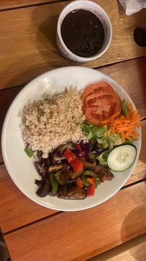 Shiitake/eggplant and green pepper with brown rice and black beans   at Zé Vegano in Rio De Janeiro