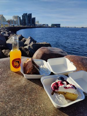 Different cakes and an amazing mango drink at Plantan Kaffihús in Reykjavik