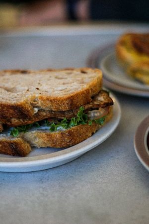 (T)BLT Sandwich with Tofubacon, Tomatoes, Lettuce and Garlic Sauce - soo good! at Plantan Kaffihús in Reykjavik