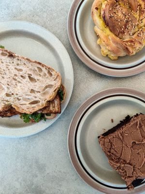 Our breakfast: (T)BLT, Chocolate Cake and Cheesebun. at Plantan Kaffihús in Reykjavik