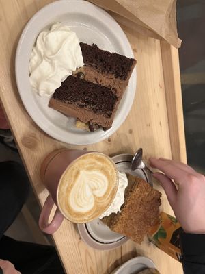 Chocolate cookie dough cake, coconut cake and cappuccino   at Plantan Kaffihús in Reykjavik