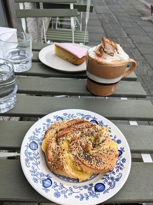 Cheese bun, swiss mocca and almond cake. at Plantan Kaffihús in Reykjavik