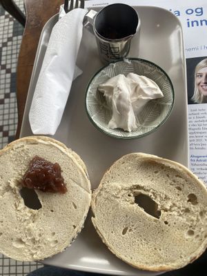 Bagel with jam and vegan cream cheese   at Plantan Kaffihús in Reykjavik