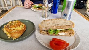 'BLT' and a cheeze roll (pretzel?) at Plantan Kaffihús in Reykjavik