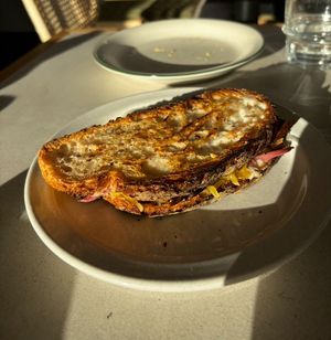 Grilled sandwich with cream cheese, mushrooms, cheese, and pickled onions at Plantan Kaffihús in Reykjavik