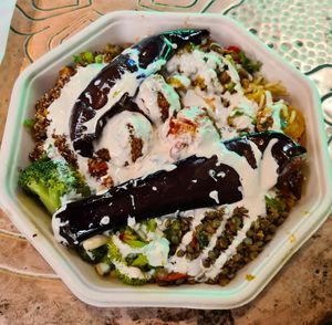 Falafel & hummus platter with added aubergine at Go Falafel - Charing Cross in London