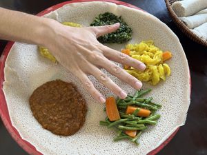 Vegan combo is big- enough for two if you order extra bread   at Addis Ethiopian Restaurant in Phnom Penh