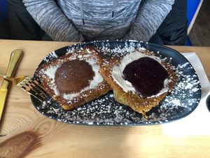 Chocolate banana stuffed French toast and berry cream cheese stuffed French toast  at Fern's Diner + Drinkery in Cascade