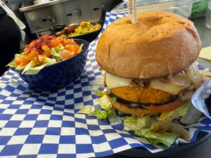 Sun Burger +Hunny Mustard Salad at Fern's Diner + Drinkery in Cascade