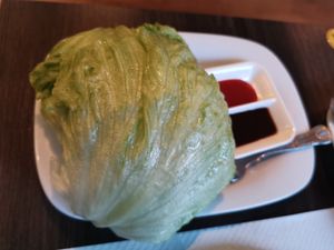 The lettuce part of the lettuce parcel. With dipping sauce. Surprisingly tasty and fun! at Royal Garden in Berwick-upon-tweed