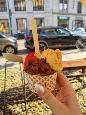 Chocolate, peach, rasberry at Gelato Fatto Con Amore in Milan