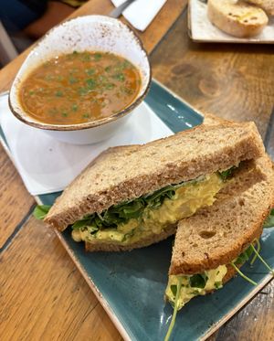 Chunky veg soup, coronation cauliflower + chickpea sandwich  at Old Post Office Cafe Gallery in Kingussie