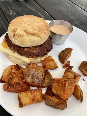 Breakfast Sandwich with chipotle aoli and yummy potatoes!  at Scratch Breakfast in Vancouver