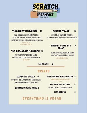 New menu as of 12/2023 at Scratch Breakfast in Vancouver