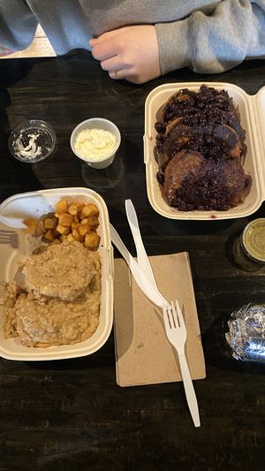 Biscuits and gravy on the left and French Toast on the right😍😍😍  at Scratch Breakfast in Vancouver