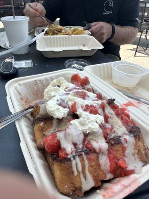 French toast w/bananas and strawberries, maple syrup, whip topping   at Scratch Breakfast in Vancouver