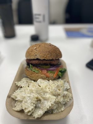 House made marinated beyond burger with local greens   at Queen City Eats in Penticton