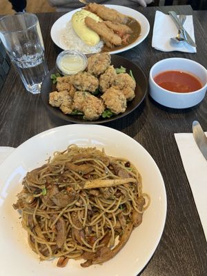 Vegan duck spaghetti, mushrooms wings and katsu curry.   at Bo Tree Plant-Based Cuisine in Unionville