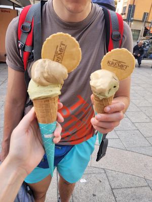 Pistachio, Alproccino, Pistachio again, Caramel at Kremet Gelateria in Cagliari