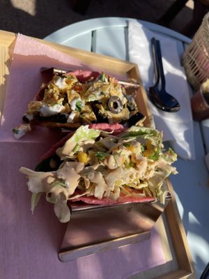 The tortillas are dyed with beet juice (doesn’t taste like beets) instead of artificial dyes  at DOS PINK in Phoenix