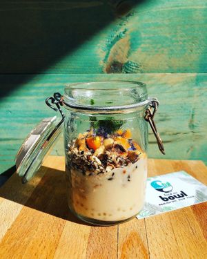 Tapioca pudding almonds milk jam  at Face au Bowl in Crozon