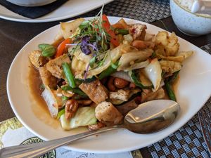 Tofu and courgette cashew nut stir fry (made vegan on request) at Palm Pan Asia in Winchester