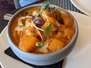 Pineapple and pumpkin red curry (vegan) at Palm Pan Asia in Winchester