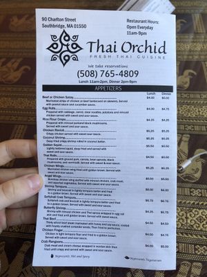 menu at Thai Orchid in Southbridge