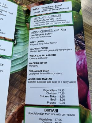 Menu (almost all of the Indian and Thai dishes are made with coconut milk and can be made vegan - but ask to be sure)   at INDIANA JOHNS CALA DOR in Mallorca