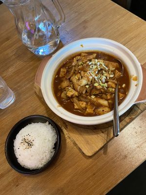 Vegan kimchi stew with rice cakes  at Seoul 88 in Helsinki