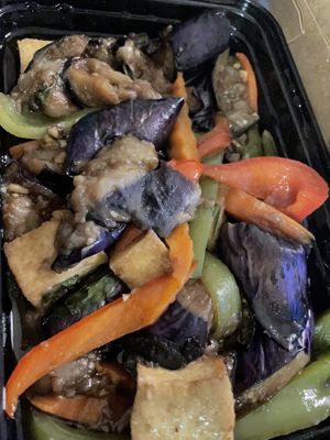 Take out: Eggplant delight with fried tofu (must request fried)  at VeStation Urban Organic Kitchen in Sherman Oaks