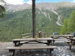 The view from the terrasse at Chamanna Cluozza in Zernez