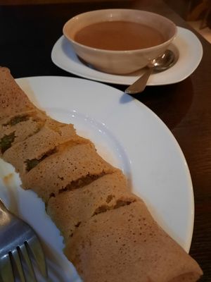 African peanut soup and an Indjera, pancake with filling. at Vegan Africa in Gouda