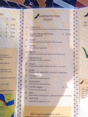Menu at Vegan Africa in Gouda
