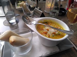 Delicious vegan curry, coconut soup with carot at Marktblick Restaurant & Cafe in Wernigerode