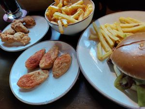 BBQ loaded  jackfruit burger with fries, rubbed bites and wings, garlic fries at Ye Olde Reine Deer Inn in Banbury