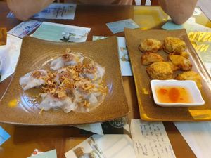 White rose (left) and fried veggies (right) at Minh Hien in Hoi An