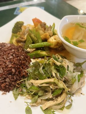 Steam brown rice and tofu skin salad, pumpkin soup and sautéed vegetables (69k VND)  at Minh Hien in Hoi An