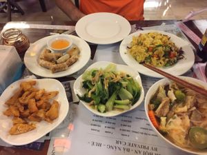 spring rolls, tofu with lemongrass & chilli, bok choy with mushrooms & garlic, fried rice, and wonton noodle soup. Yum!! at Minh Hien in Hoi An