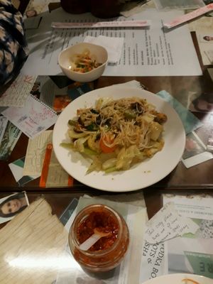 Sauteed noodle with veg and mushroom. Delicious chilli sauce as well. at Minh Hien in Hoi An
