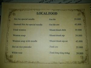 Local Food Menu at Minh Hien in Hoi An