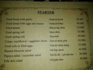 Starters Menu at Minh Hien in Hoi An